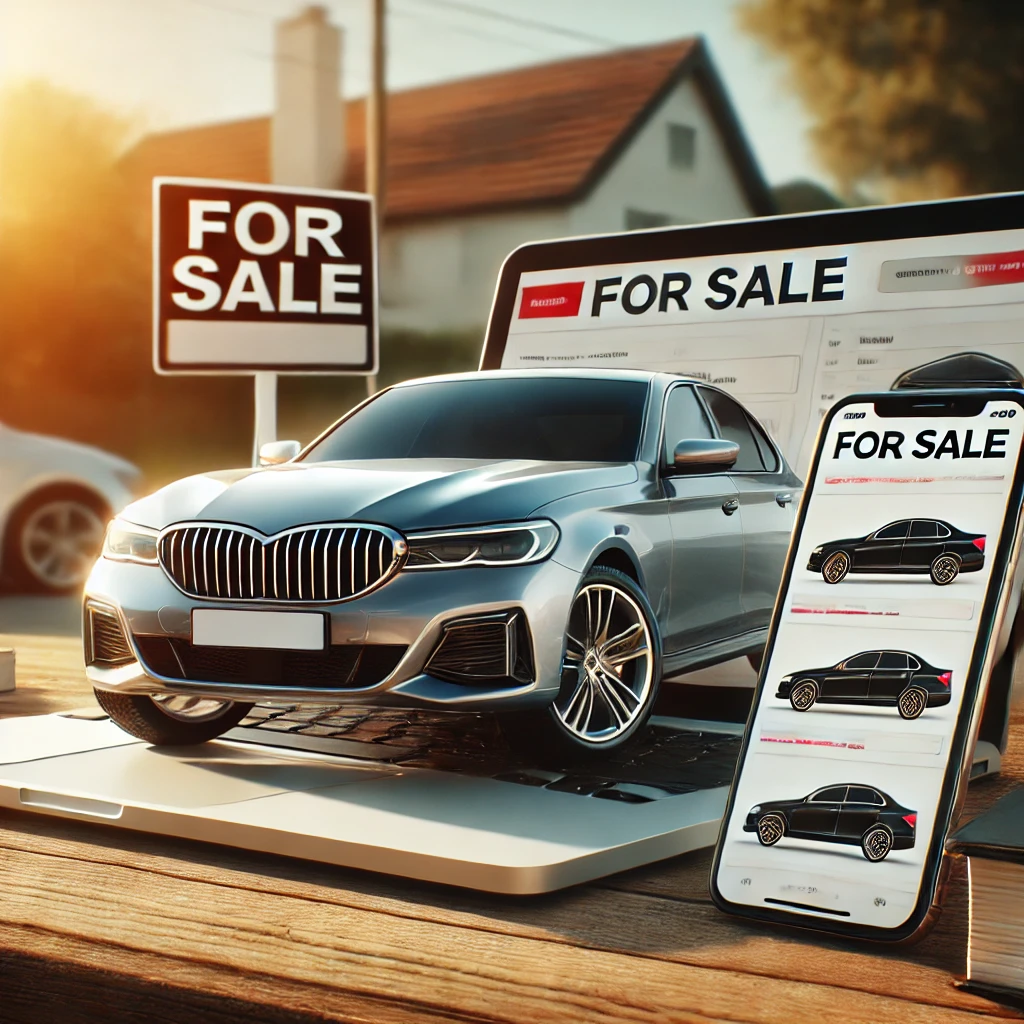 The Ultimate Guide to Selling Your Car Online DALL·E 2025 01 26 21.43.22 A Sleek Car Parked Outdoors With A Laptop And Smartphone Beside It Displaying An Online Car Marketplace Interface. The Background Features A Sunny Da